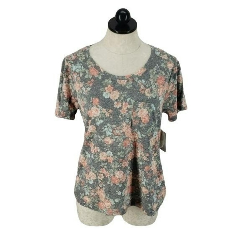 Bobbie Brooks Plus‎ Size Floral Pocket Tee Grey Pink Rose Short Sleeve Top 1X